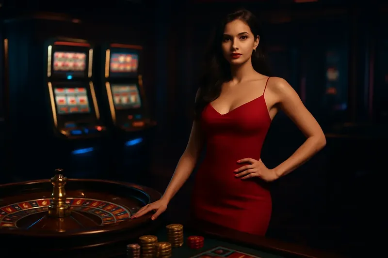 Beautiful woman in red dress posing confidently near roulette and slot machines in a luxury Bangladeshi casino with neon lights and gold coins
