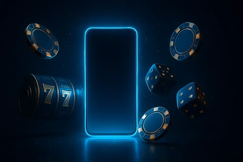 Glowing smartphone surrounded by casino chips, slot reels, and dice on a dark luxurious background with gold accents